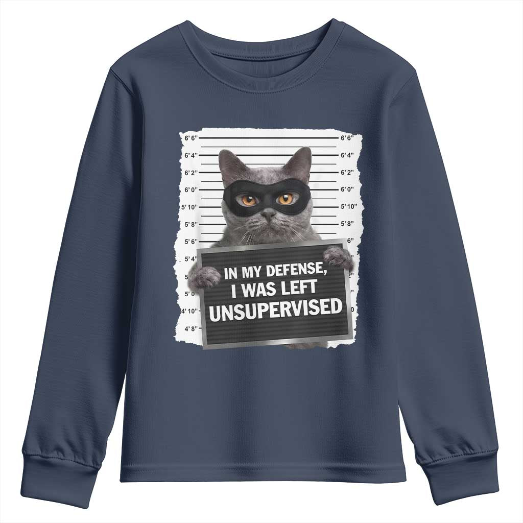 Funny Cat Mugshot Youth Sweatshirt In My Defense I Was Left Unsupervised TS12 Navy Print Your Wear