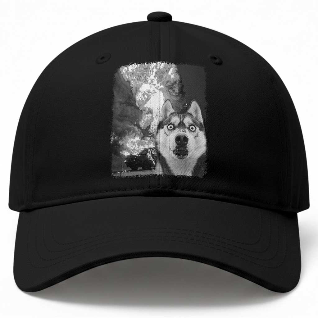 Funny Husky Chaos Baseball Cap Cool Dog Selfie With Burning Car TS12 Print Your Wear
