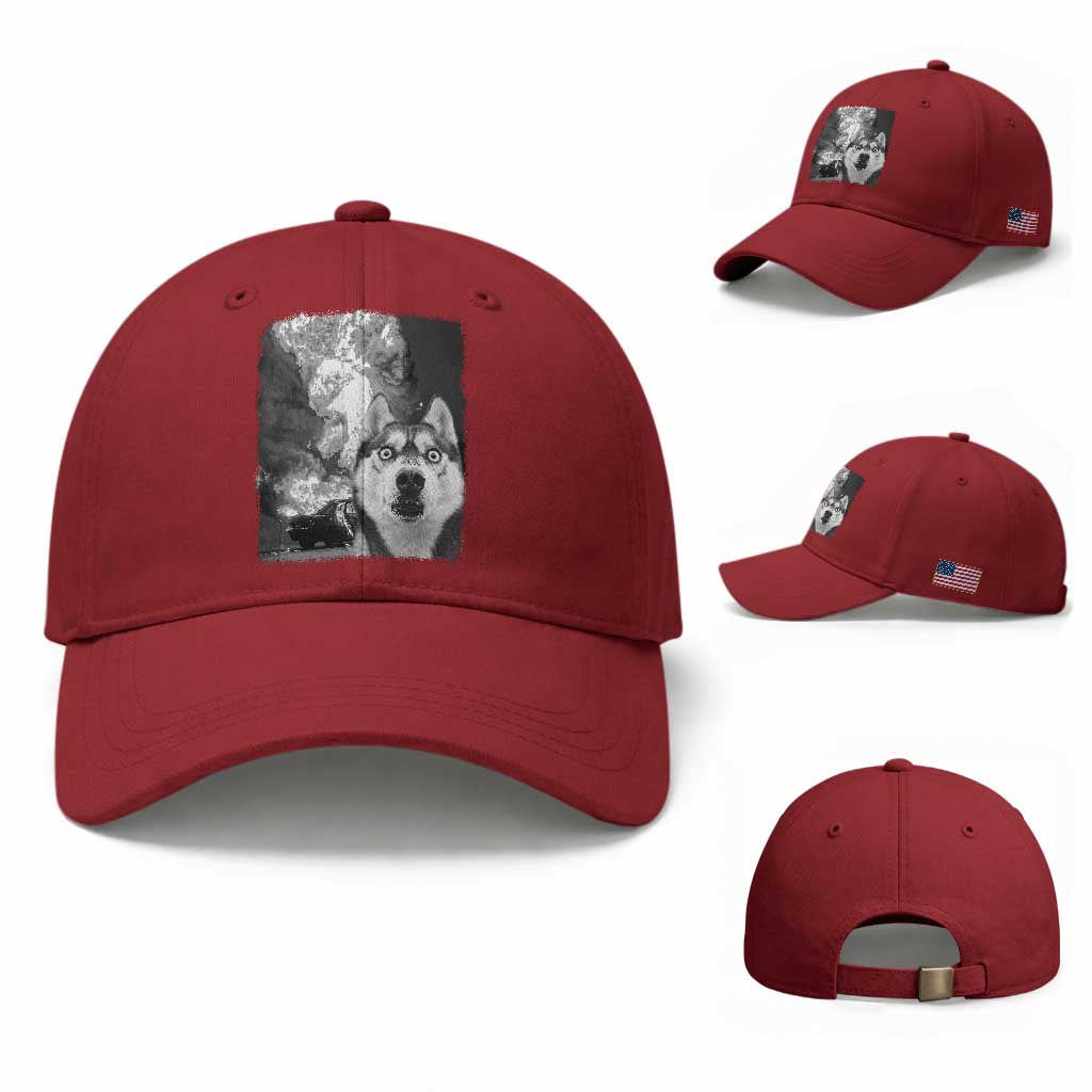 Funny Husky Chaos Baseball Cap Cool Dog Selfie With Burning Car TS12 Baseball Cap Universal Fit Cherry Red Print Your Wear