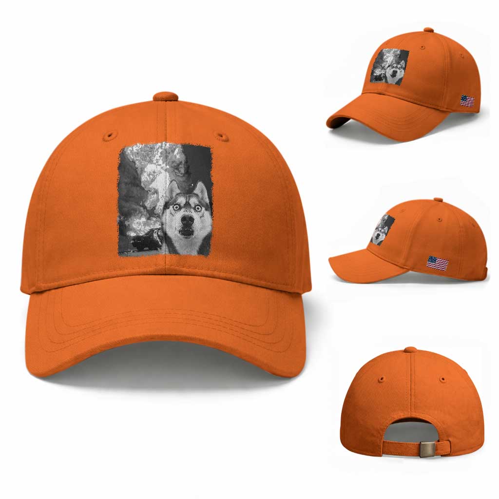 Funny Husky Chaos Baseball Cap Cool Dog Selfie With Burning Car TS12 Baseball Cap Universal Fit Orange Print Your Wear