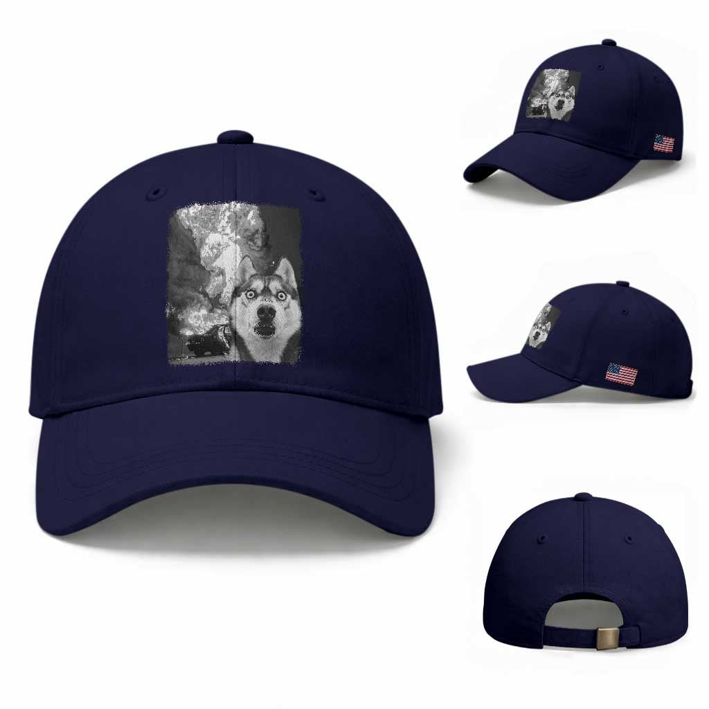 Funny Husky Chaos Baseball Cap Cool Dog Selfie With Burning Car TS12 Baseball Cap Universal Fit Dark Blue Print Your Wear
