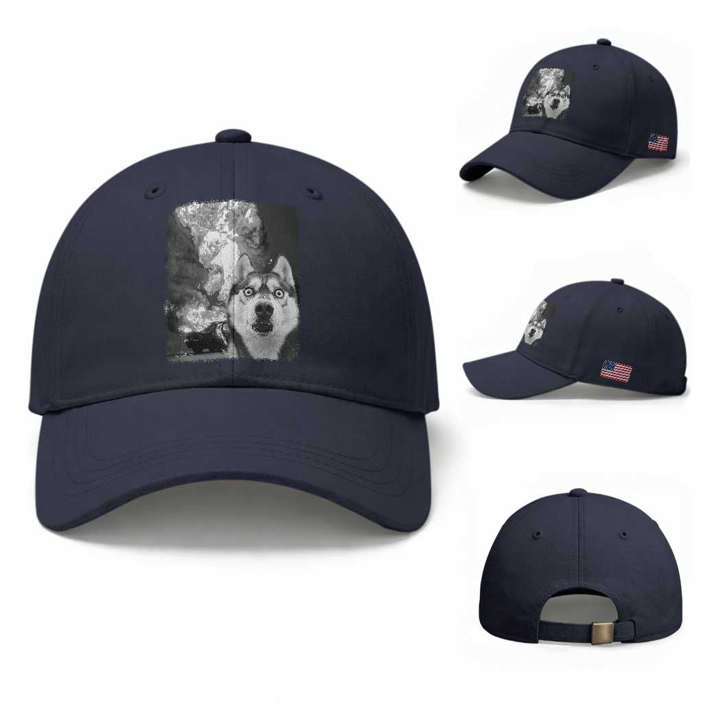 Funny Husky Chaos Baseball Cap Cool Dog Selfie With Burning Car TS12 Baseball Cap Universal Fit Navy Print Your Wear