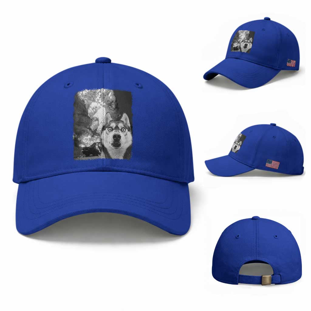 Funny Husky Chaos Baseball Cap Cool Dog Selfie With Burning Car TS12 Baseball Cap Universal Fit Royal Blue Print Your Wear