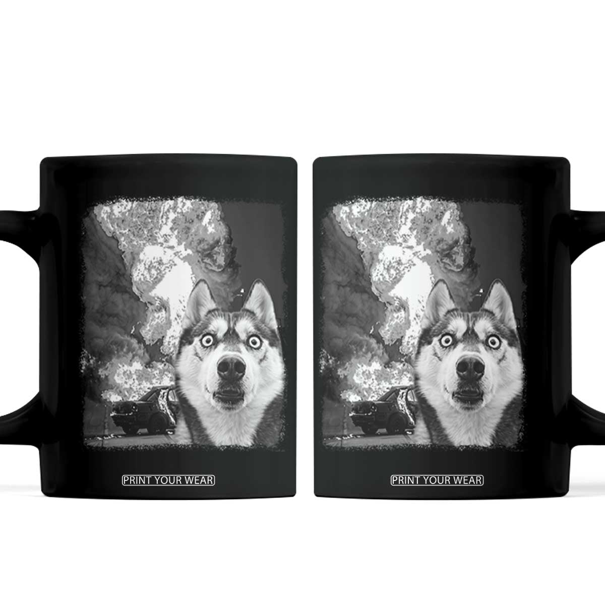 Funny Husky Chaos Coffee Mug Cool Dog Selfie With Burning Car TS12 Black Print Your Wear
