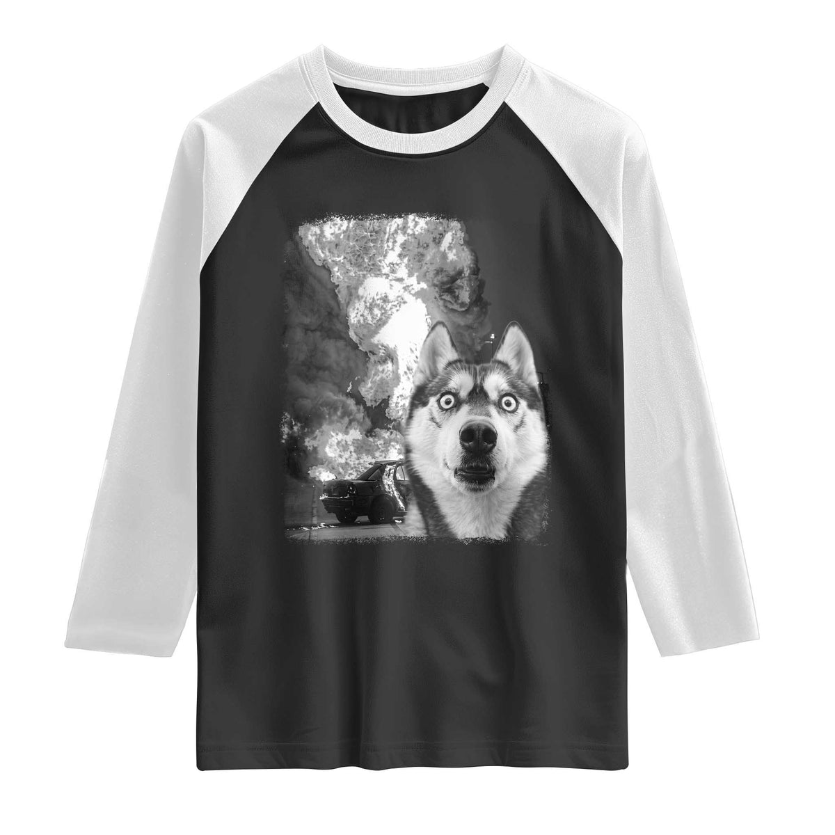 Funny Husky Chaos Raglan Shirt Cool Dog Selfie With Burning Car TS12 Black White Print Your Wear