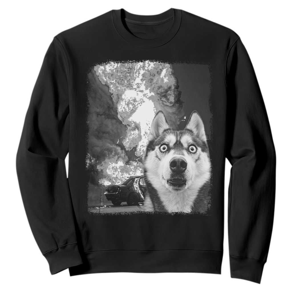 Funny Husky Chaos Sweatshirt Cool Dog Selfie With Burning Car TS12 Black Print Your Wear
