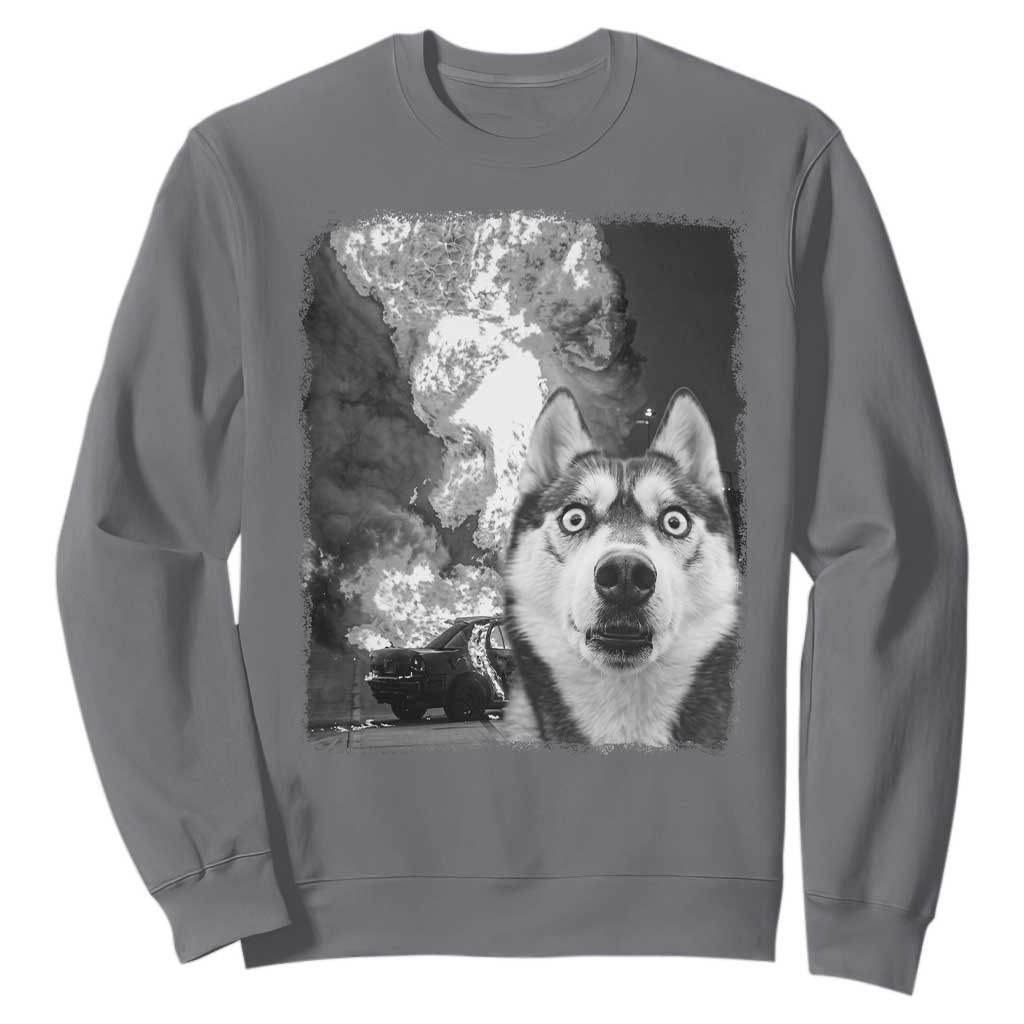 Funny Husky Chaos Sweatshirt Cool Dog Selfie With Burning Car TS12 Charcoal Print Your Wear