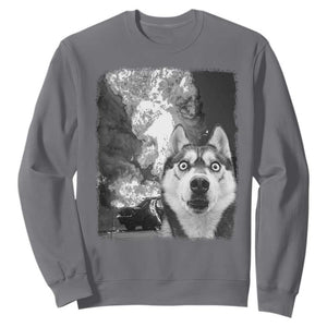 Funny Husky Chaos Sweatshirt Cool Dog Selfie With Burning Car TS12 Charcoal Print Your Wear