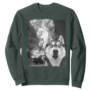 Funny Husky Chaos Sweatshirt Cool Dog Selfie With Burning Car TS12 Dark Forest Green Print Your Wear
