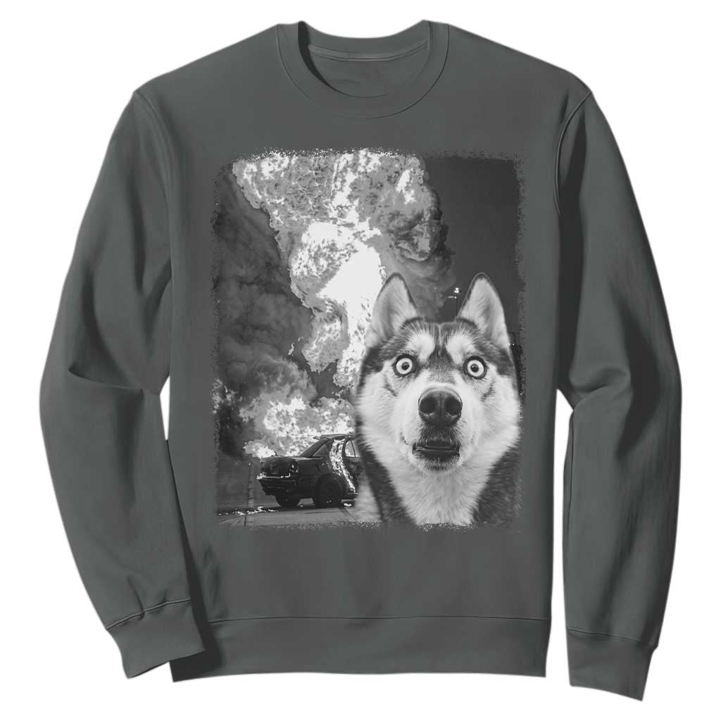 Funny Husky Chaos Sweatshirt Cool Dog Selfie With Burning Car TS12 Dark Heather Print Your Wear