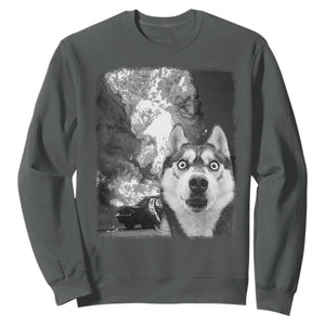 Funny Husky Chaos Sweatshirt Cool Dog Selfie With Burning Car TS12 Dark Heather Print Your Wear