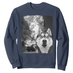 Funny Husky Chaos Sweatshirt Cool Dog Selfie With Burning Car TS12 Navy Print Your Wear