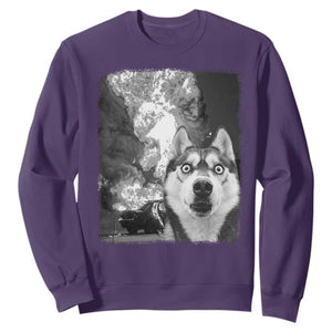 Funny Husky Chaos Sweatshirt Cool Dog Selfie With Burning Car TS12 Purple Print Your Wear