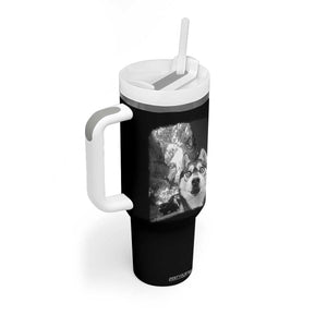 Funny Husky Chaos Tumbler With Handle Cool Dog Selfie With Burning Car TS12 Print Your Wear