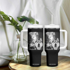 Funny Husky Chaos Tumbler With Handle Cool Dog Selfie With Burning Car TS12 Print Your Wear