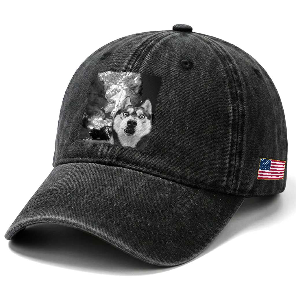 Funny Husky Chaos Washed Cotton Baseball Cap Cool Dog Selfie With Burning Car TS12 Print Your Wear