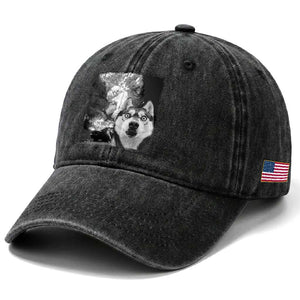 Funny Husky Chaos Washed Cotton Baseball Cap Cool Dog Selfie With Burning Car TS12 Print Your Wear