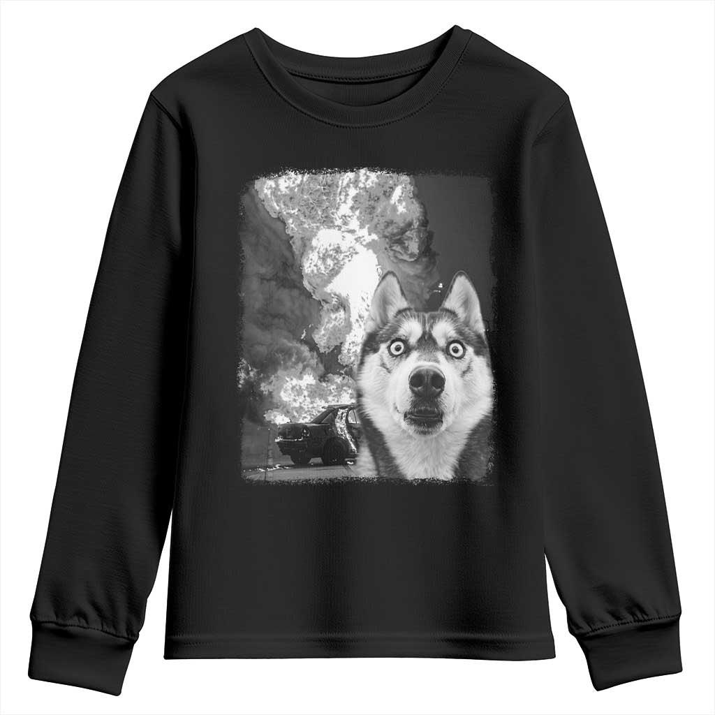 Funny Husky Chaos Youth Sweatshirt Cool Dog Selfie With Burning Car TS12 Black Print Your Wear