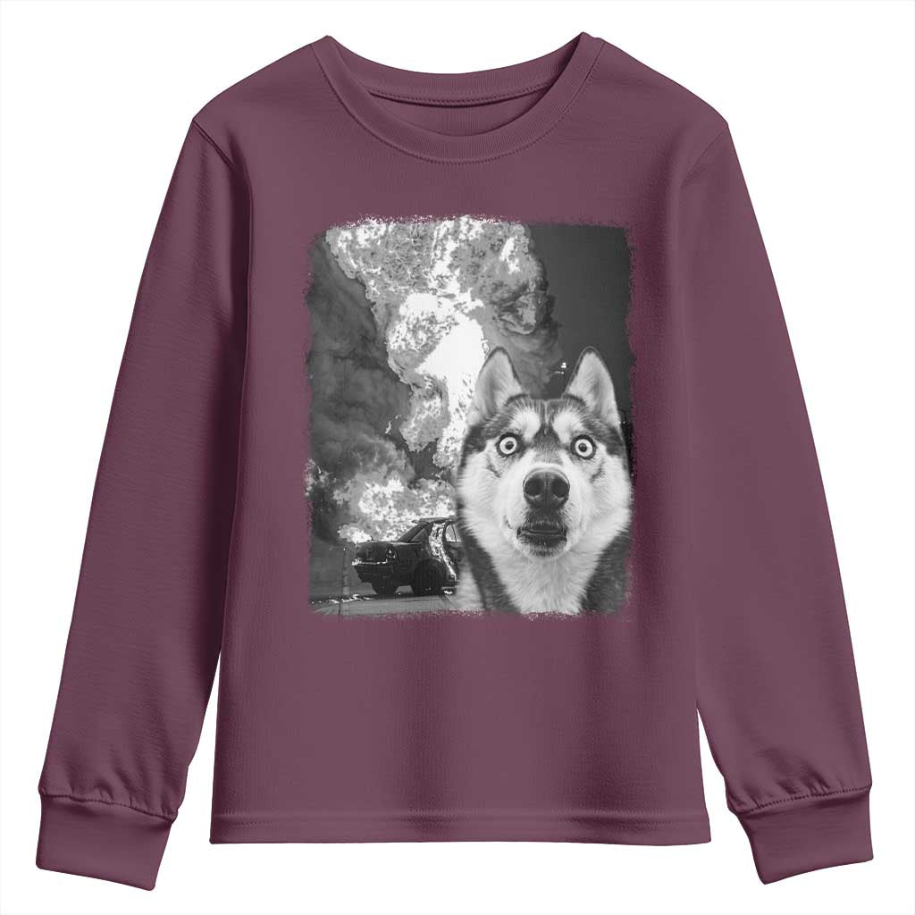 Funny Husky Chaos Youth Sweatshirt Cool Dog Selfie With Burning Car TS12 Maroon Print Your Wear