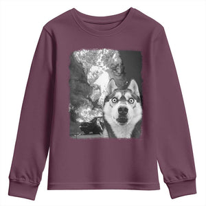 Funny Husky Chaos Youth Sweatshirt Cool Dog Selfie With Burning Car TS12 Maroon Print Your Wear