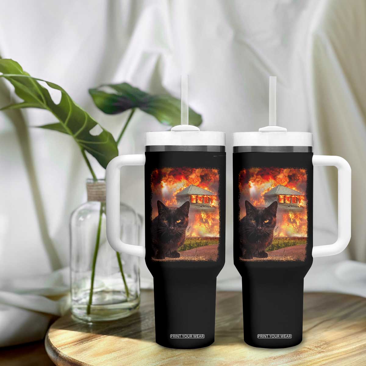 Funny Crazy Cat Selfie Tumbler With Handle Bad Kitty Chaos Humor Graphic TS12 Print Your Wear