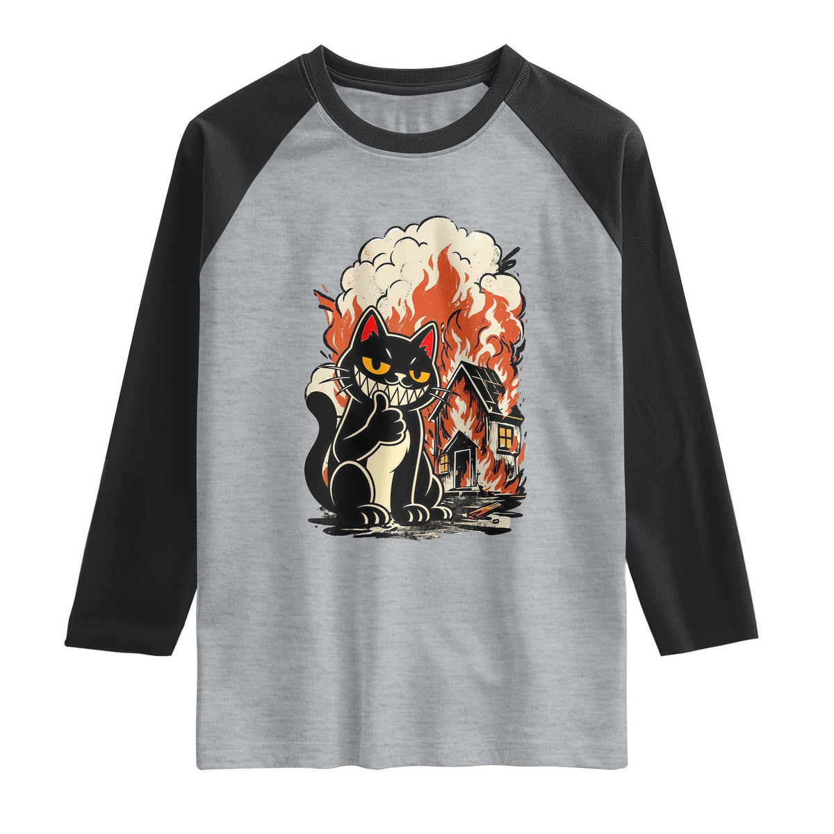 Funny Trouble Maker Cat Raglan Shirt Cute Mischief Graphic Gift For Cat Lover TS12 Heather Gray Black Print Your Wear