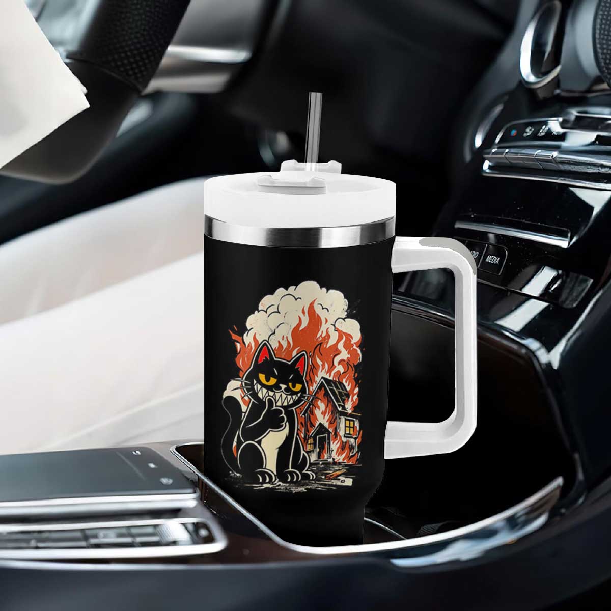 Funny Trouble Maker Cat Tumbler With Handle Cute Mischief Graphic Gift For Cat Lover TS12 Print Your Wear
