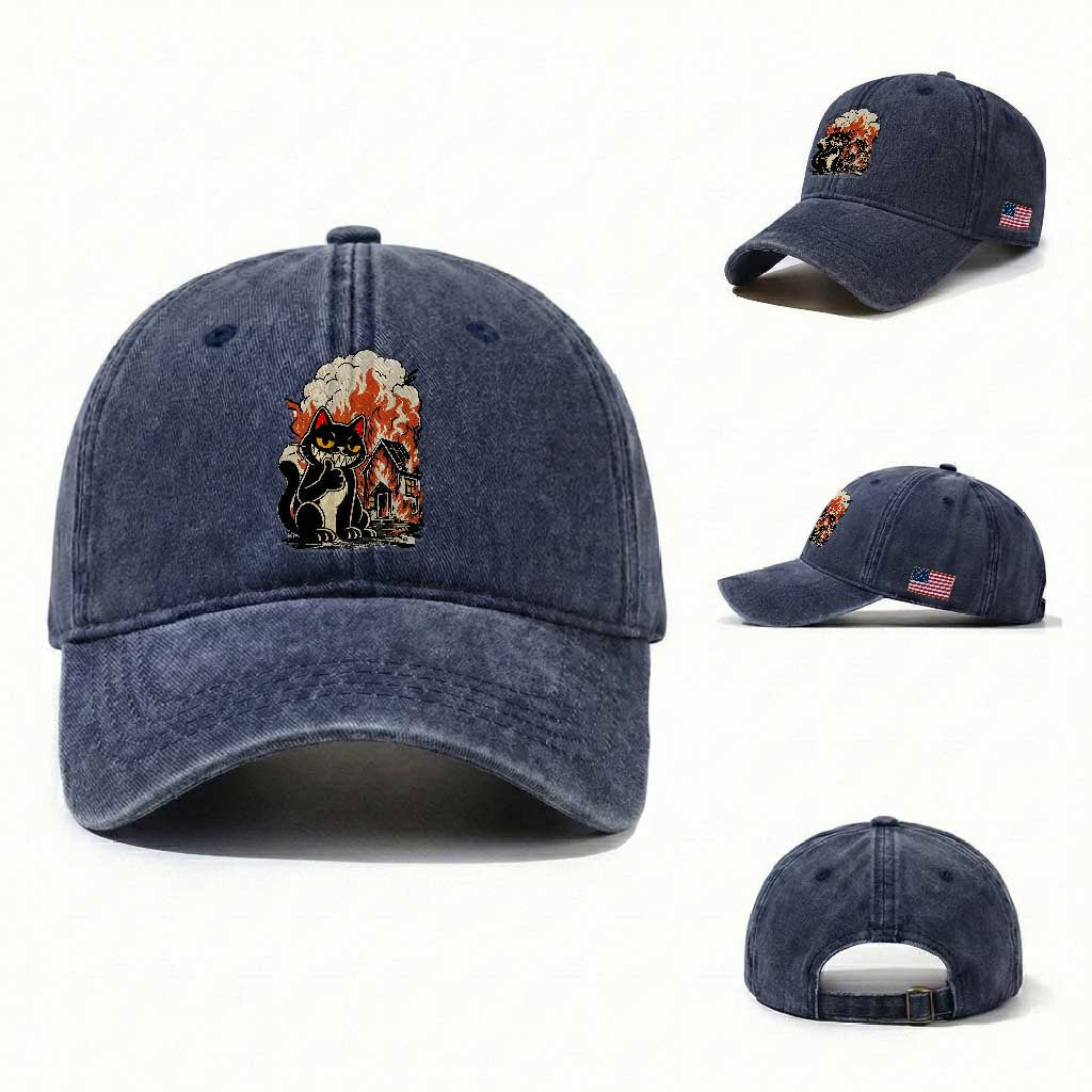 Funny Trouble Maker Cat Washed Cotton Baseball Cap Cute Mischief Graphic Gift For Cat Lover TS12 Washed Cap Universal Fit Navy Print Your Wear
