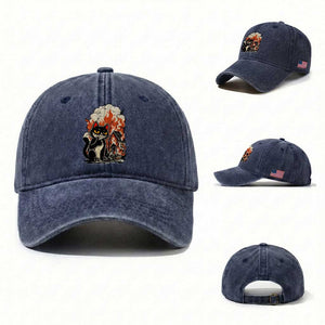 Funny Trouble Maker Cat Washed Cotton Baseball Cap Cute Mischief Graphic Gift For Cat Lover TS12 Washed Cap Universal Fit Navy Print Your Wear