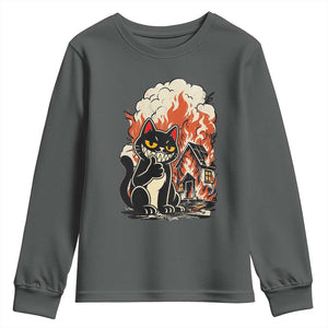 Funny Trouble Maker Cat Youth Sweatshirt Cute Mischief Graphic Gift For Cat Lover TS12 Dark Heather Print Your Wear