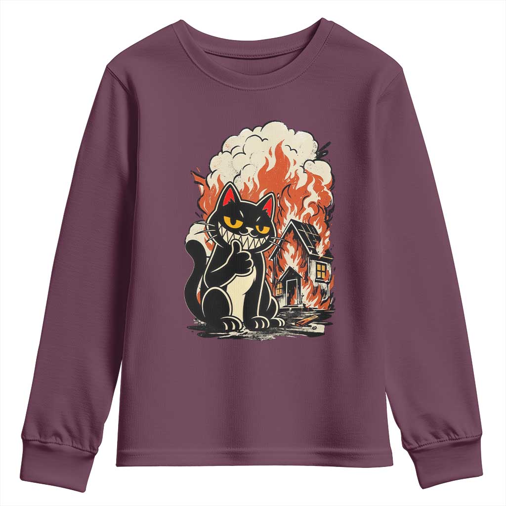 Funny Trouble Maker Cat Youth Sweatshirt Cute Mischief Graphic Gift For Cat Lover TS12 Maroon Print Your Wear