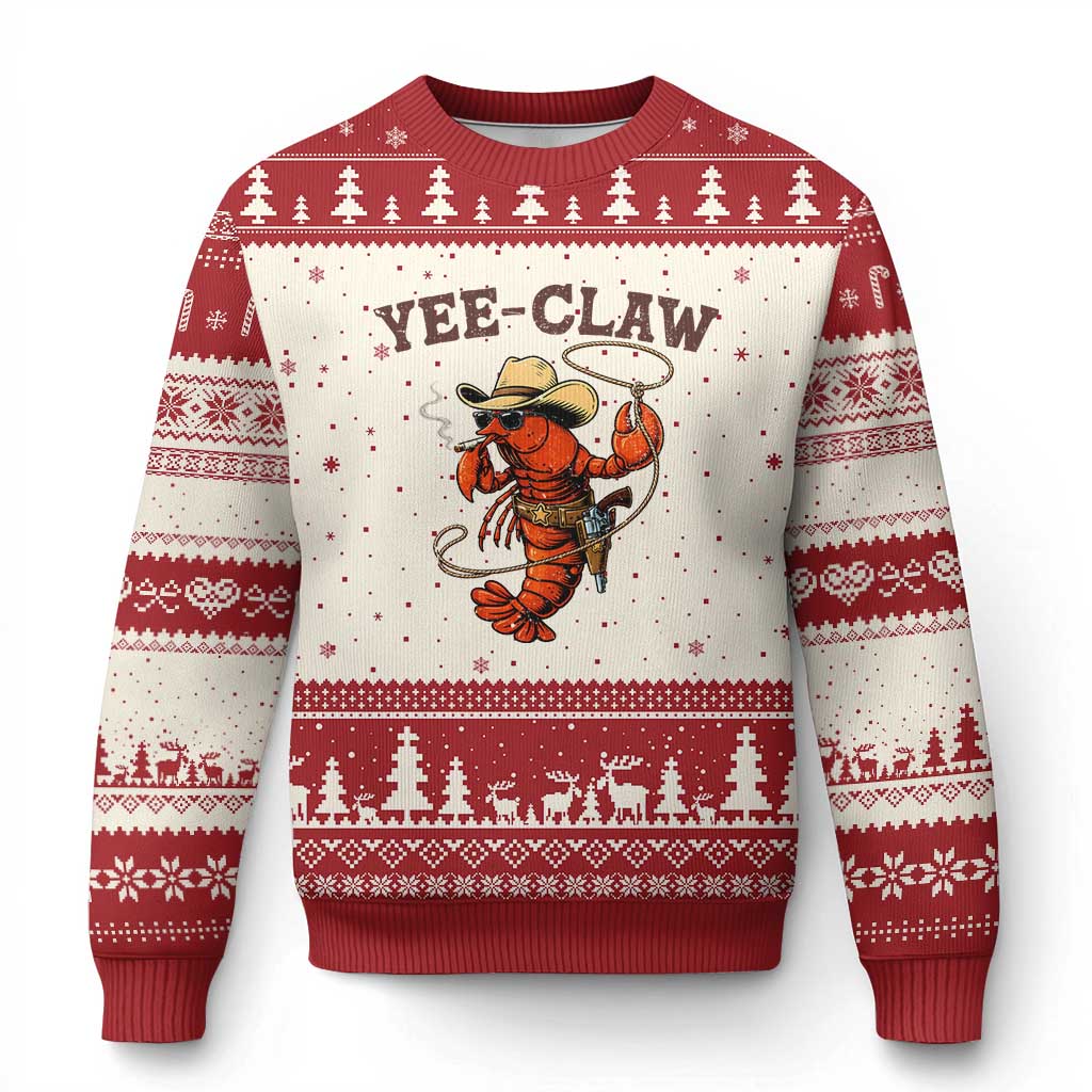 Yee Claw Southern Crawfish Ugly Christmas Sweater Funny Seafood Party Graphic TS12 Beige Red Print Your Wear
