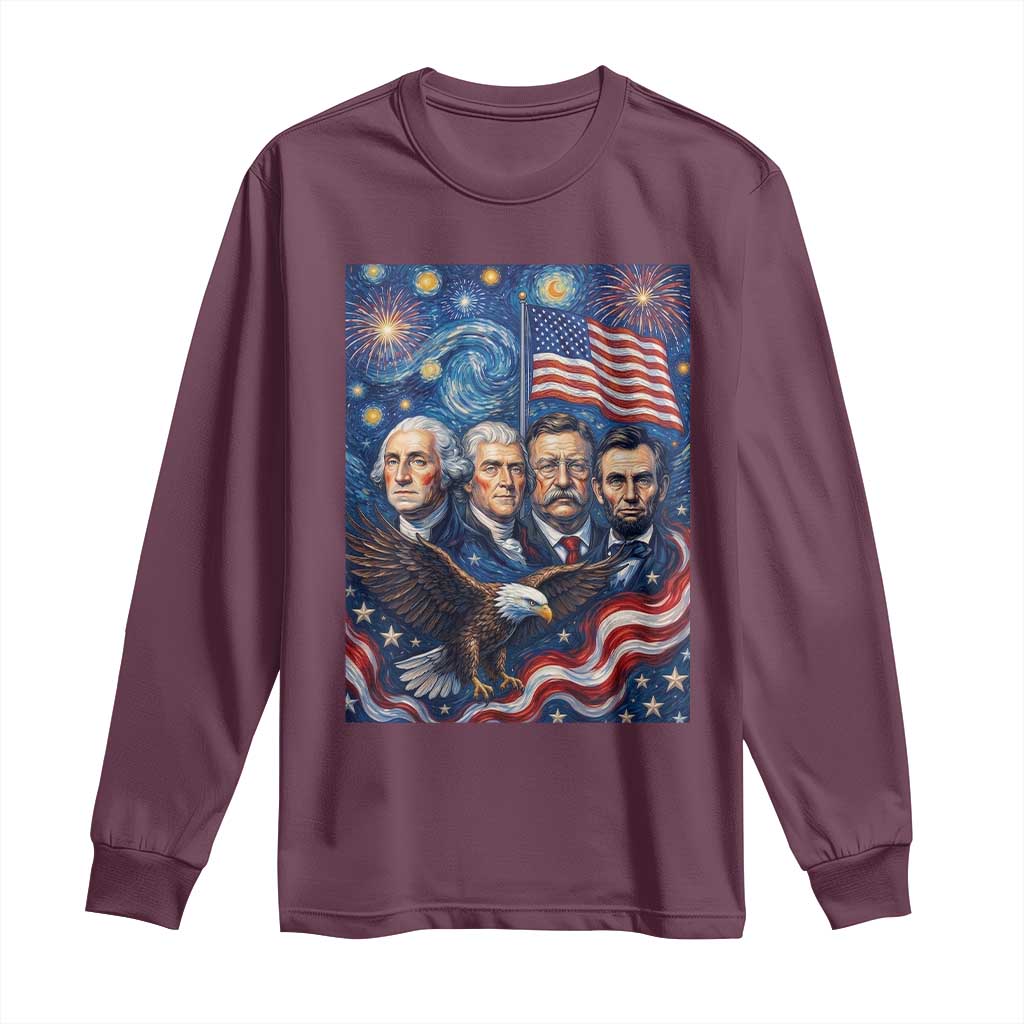 USA Presidents Mount Rushmore Long Sleeve Shirt Starry Night Inspired Art TS12 Maroon Print Your Wear