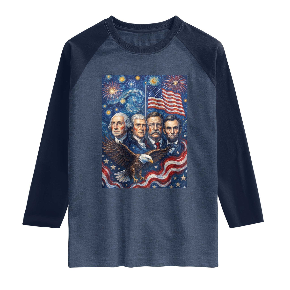 USA Presidents Mount Rushmore Raglan Shirt Starry Night Inspired Art TS12 Heather Denim Navy Print Your Wear