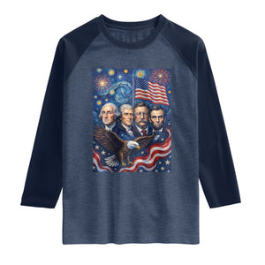 USA Presidents Mount Rushmore Raglan Shirt Starry Night Inspired Art TS12 Heather Denim Navy Print Your Wear