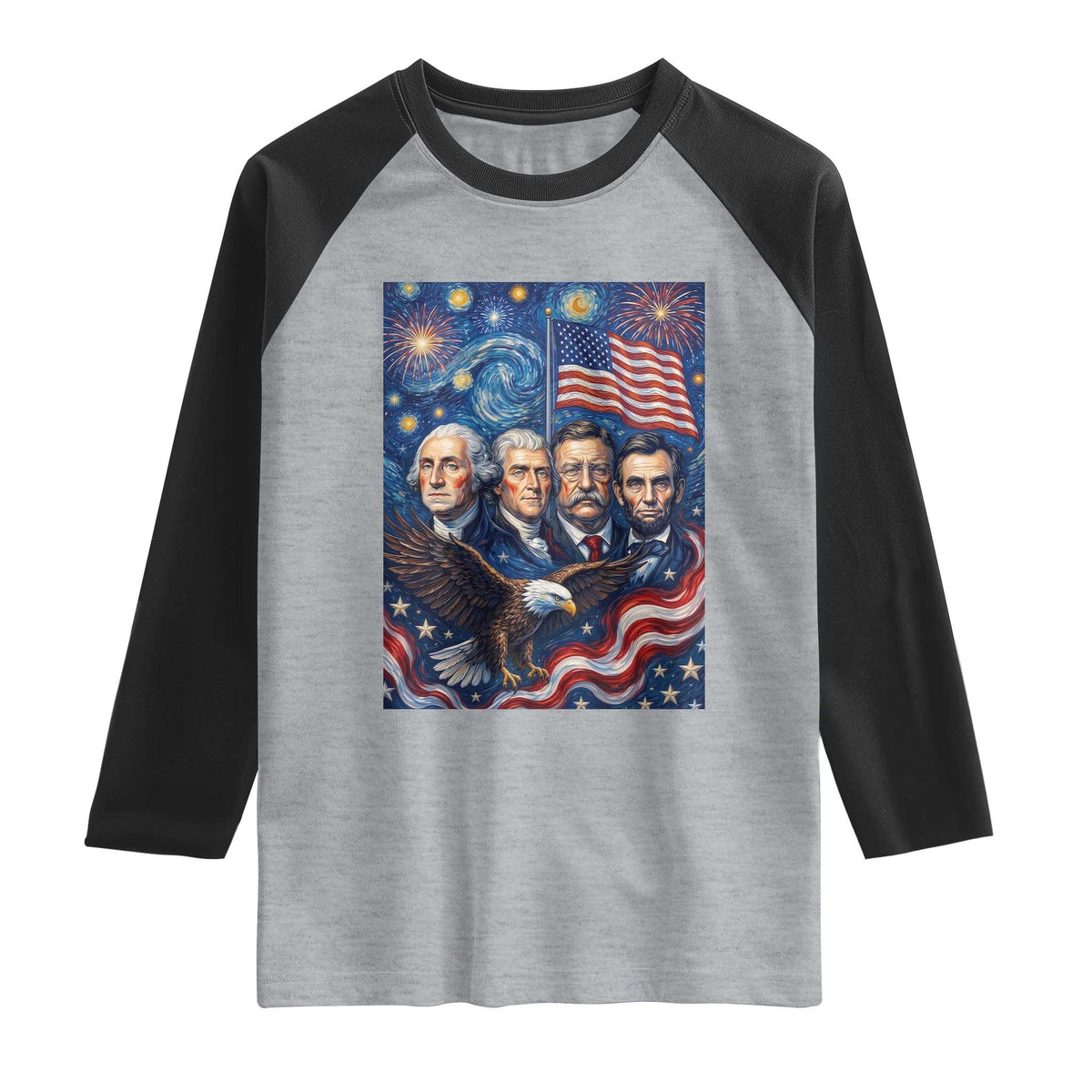 USA Presidents Mount Rushmore Raglan Shirt Starry Night Inspired Art TS12 Heather Gray Black Print Your Wear