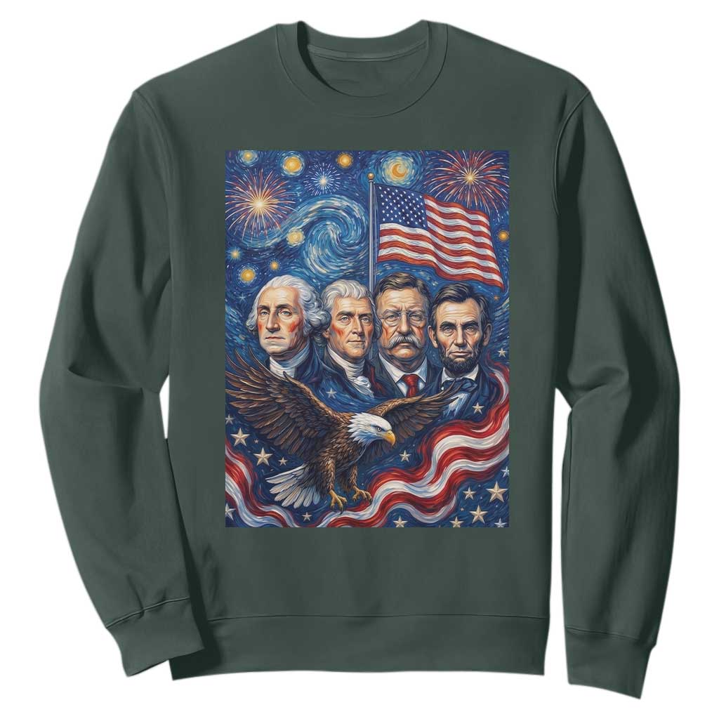 USA Presidents Mount Rushmore Sweatshirt Starry Night Inspired Art TS12 Dark Forest Green Print Your Wear