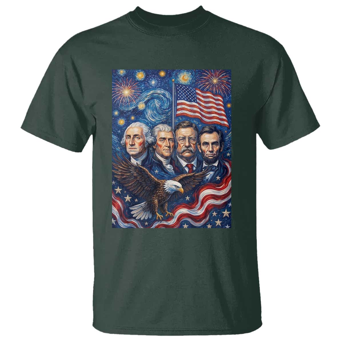 USA Presidents Mount Rushmore T Shirt Starry Night Inspired Art TS12 Dark Forest Green Print Your Wear