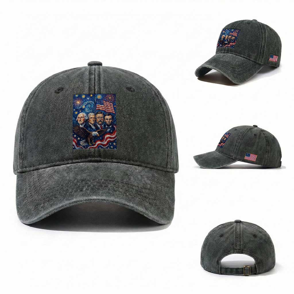 USA Presidents Mount Rushmore Washed Cotton Baseball Cap Starry Night Inspired Art TS12 Washed Cap Universal Fit Dark Green Print Your Wear