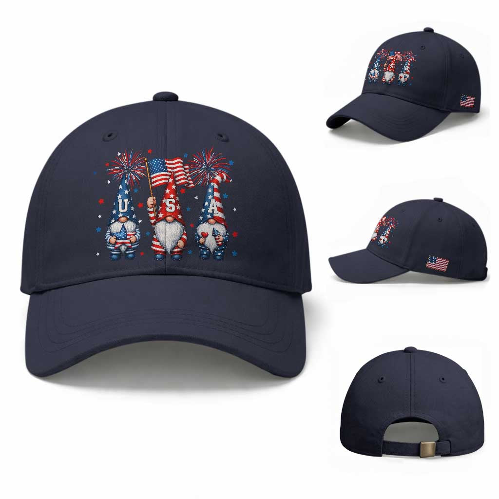 Red White Blue Gnomes Fireworks Baseball Cap Patriotic 4th Of July TS12 Baseball Cap Universal Fit Navy Print Your Wear