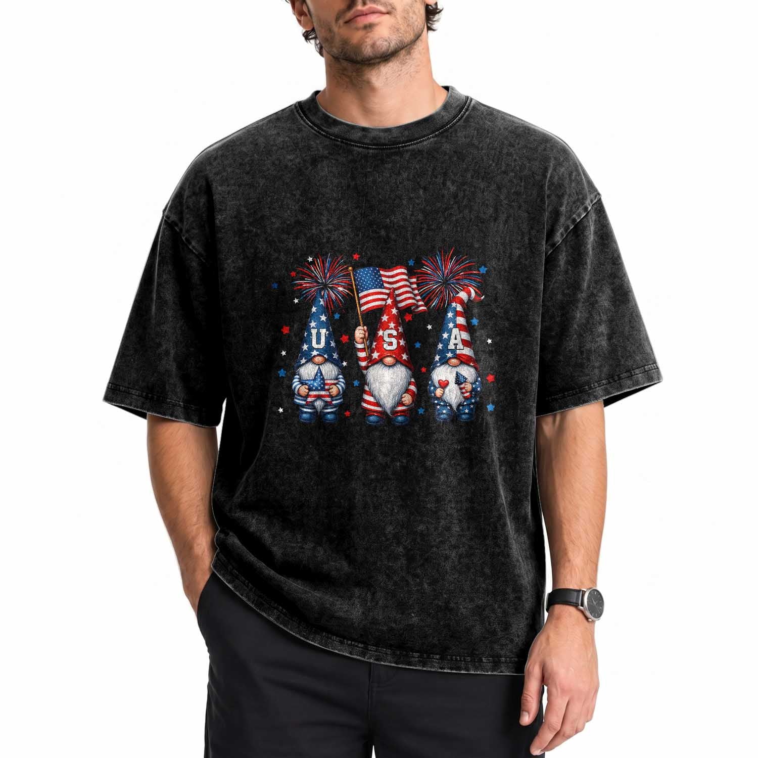 Red White Blue Gnomes Fireworks Washed Cotton T-Shirt Patriotic 4th Of July