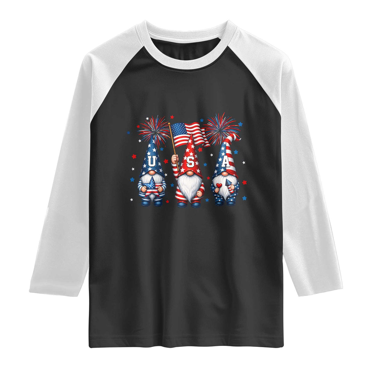 Red White Blue Gnomes Fireworks Raglan Shirt Patriotic 4th Of July TS12 Black White Print Your Wear