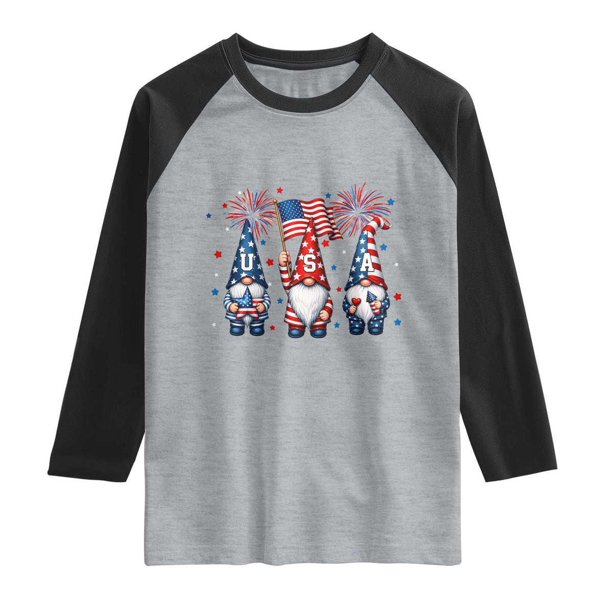 Red White Blue Gnomes Fireworks Raglan Shirt Patriotic 4th Of July TS12 Heather Gray Black Print Your Wear