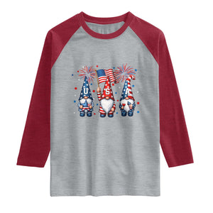 Red White Blue Gnomes Fireworks Raglan Shirt Patriotic 4th Of July TS12 Heather Gray Heather Red Print Your Wear