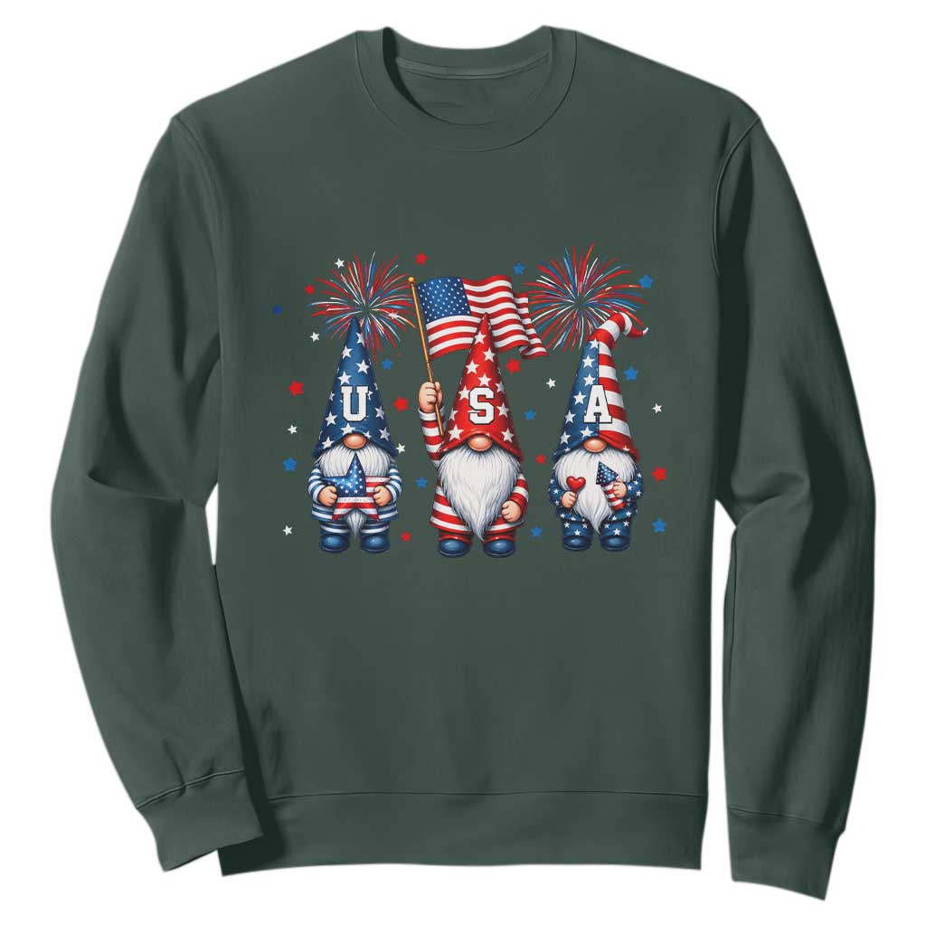 Red White Blue Gnomes Fireworks Sweatshirt Patriotic 4th Of July TS12 Dark Forest Green Print Your Wear