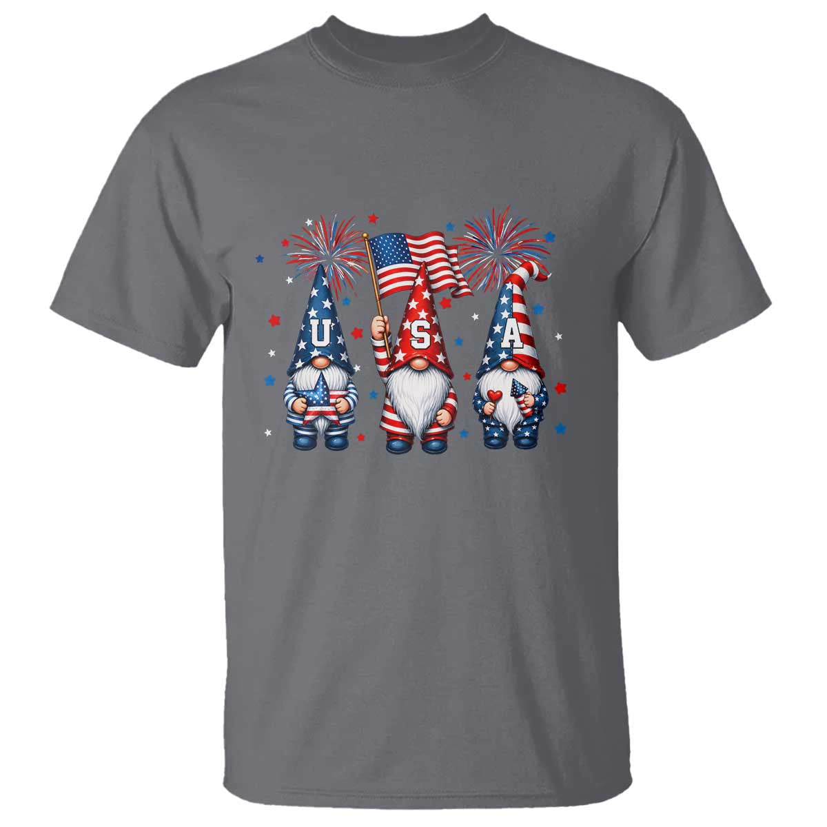 Red White Blue Gnomes Fireworks T Shirt Patriotic 4th Of July TS12 Charcoal Print Your Wear