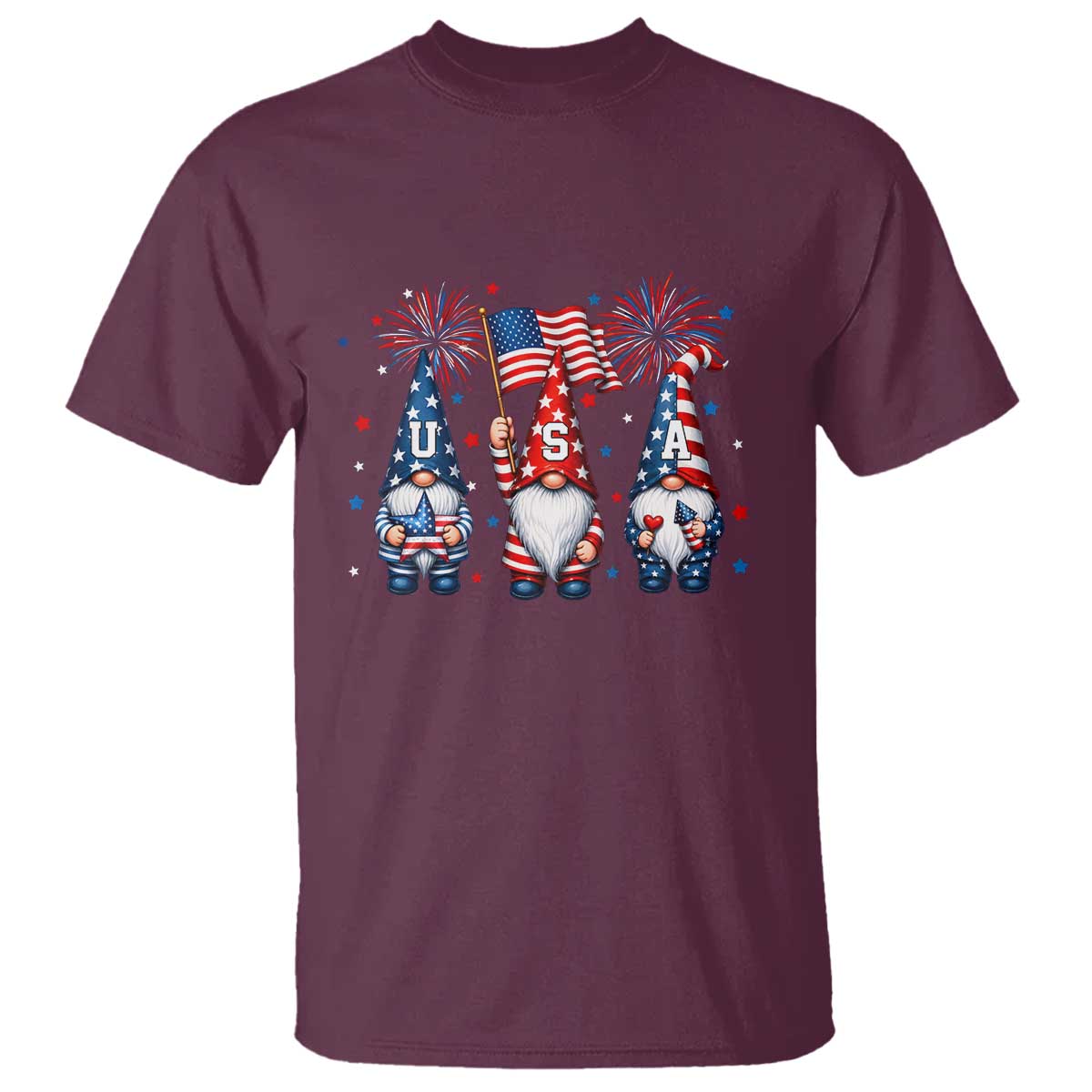 Red White Blue Gnomes Fireworks T Shirt Patriotic 4th Of July TS12 Maroon Print Your Wear