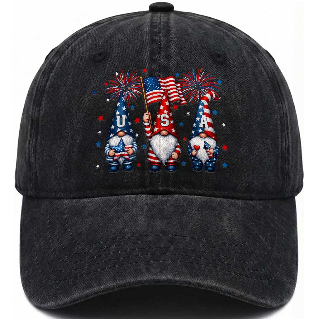 Red White Blue Gnomes Fireworks Washed Cotton Baseball Cap Patriotic 4th Of July TS12 Print Your Wear