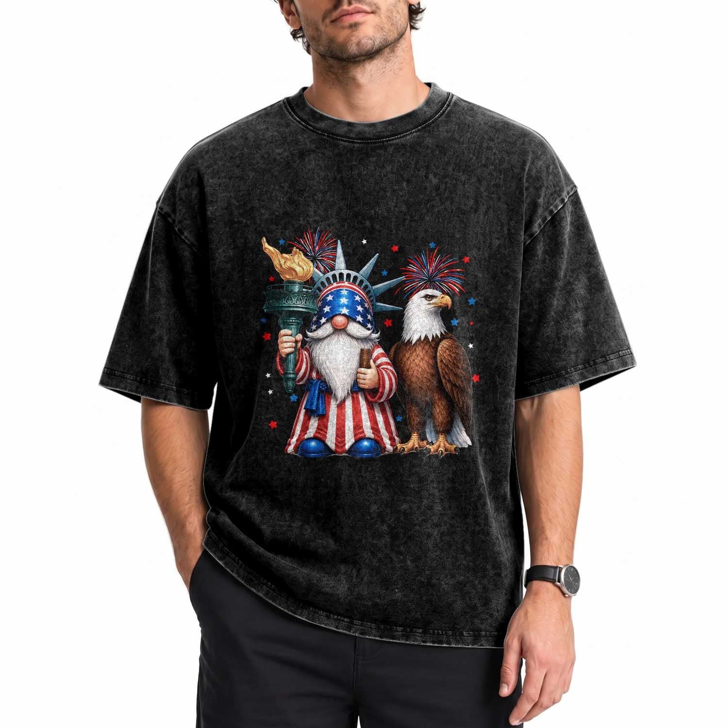 Funny Statue Of Liberty Gnome Washed Cotton T-Shirt Patriotic 4th Of July