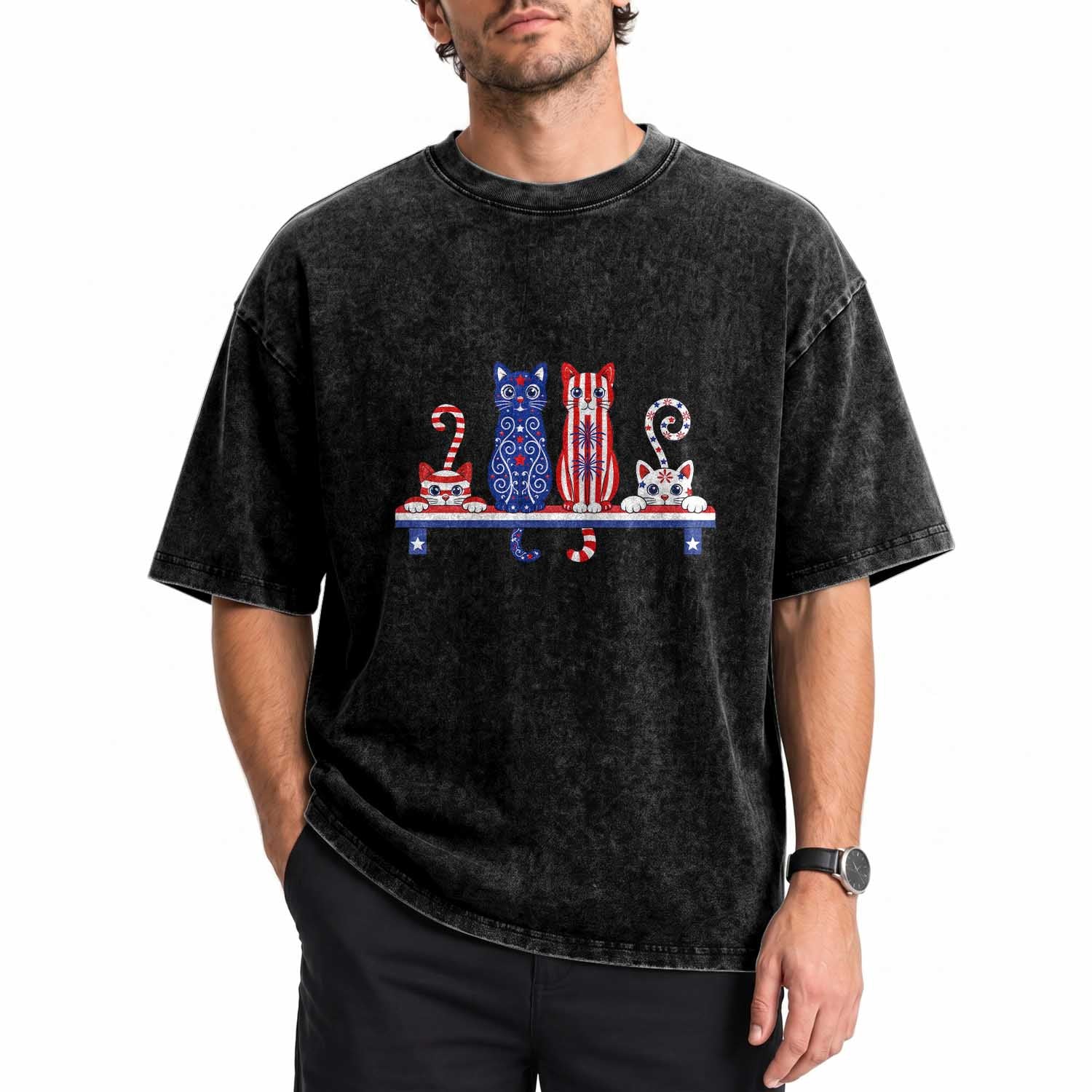 Red White And Blue Cute Cats Washed Cotton T-Shirt Patriotic Pet Lover